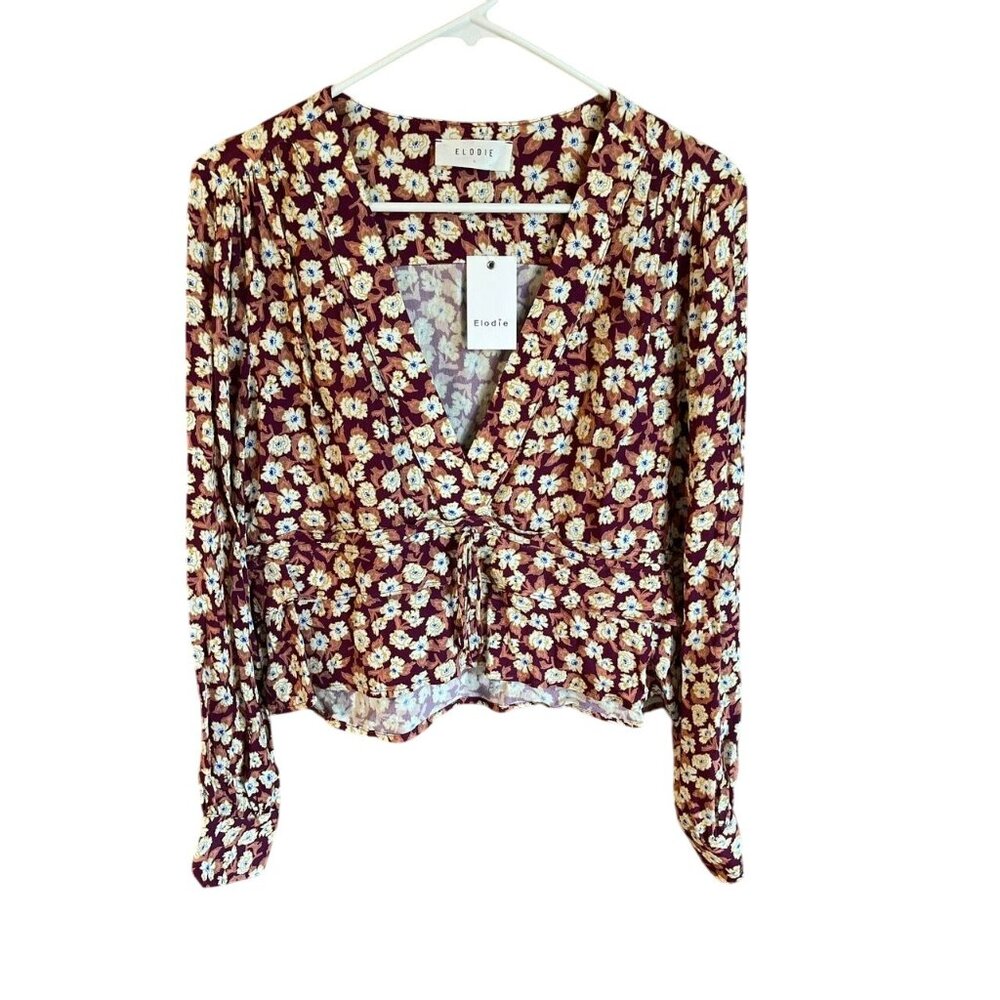 Elodie Marsala Floral Long-Sleeve Blouse With V-Neck & Button Details Size M